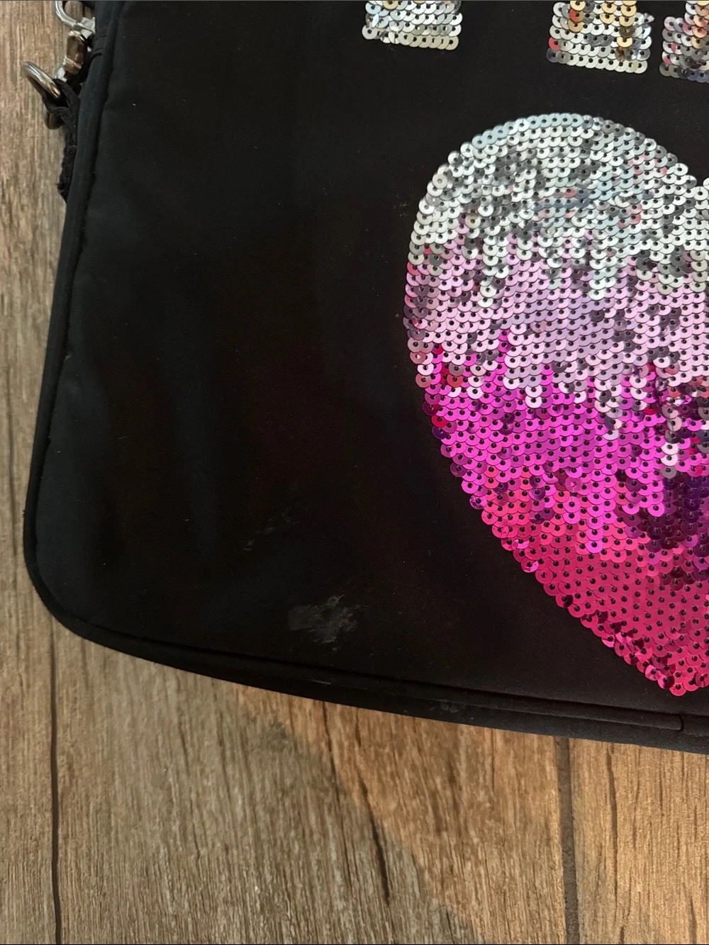 Vintage PINK Sequin Heart Crossbody Laptop Bag - Black with Pink/Silver Sequins